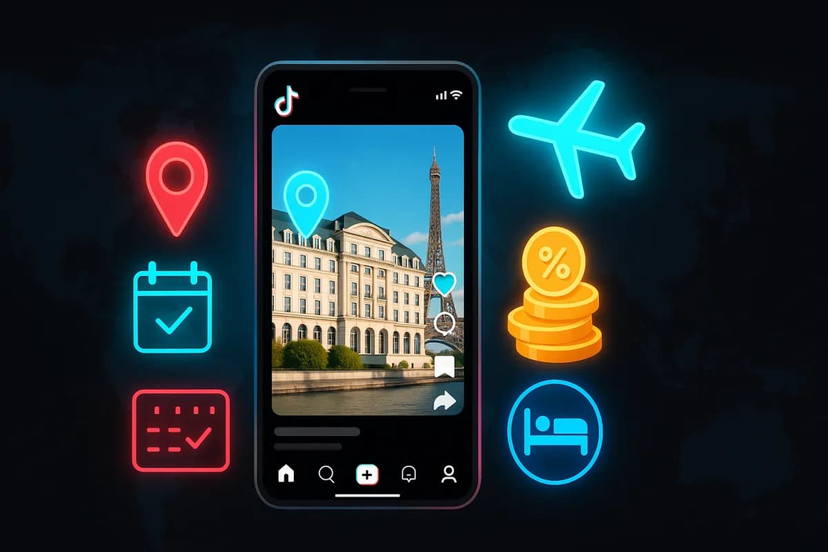 تيك توك GO برنامج التزام السفر 2026 — ريل تيك توك مع وسوم فنادق وتذاكر وأنشطة وعمولات Booking/Expedia/Viator/GetYourGuide، لوحة ألوان أسود/سماوي/أرجواني مع لمسات ذهبيّة لتحقيق الدخل