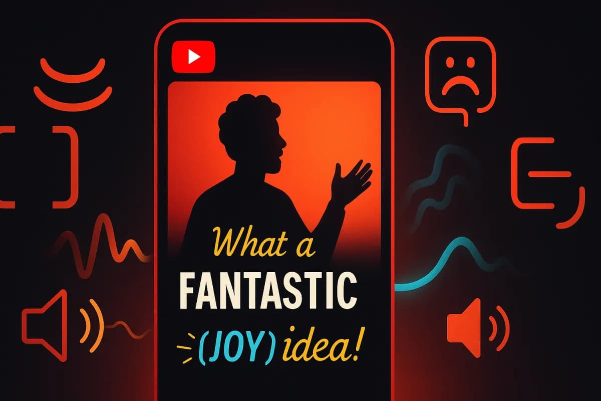 YouTube Expressive Captions بالذكاء الاصطناعيّ — ترجمات عاطفيّة بوسوم [joy] و[sadness] و[sarcasm]، أحرف كبيرة للصرخات، مدّ للحروف للتأكيد، شروح المشهد الصوتيّ، تصميم تحريريّ داكن بلمسات حمراء يوتيوب وسماويّة/صفراء للذكاء الاصطناعيّ