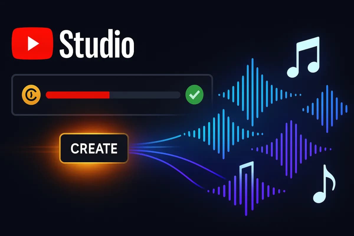 يوتيوب Replace Song بالذكاء الاصطناعي — زرّ Create في YouTube Studio يولّد 4 مقطوعات خالية من حقوق الملكية لحلّ مطالبة Content ID، تصميم تحريري داكن بلمسات حمراء من يوتيوب وسماوية/بنفسجية للذكاء الاصطناعي